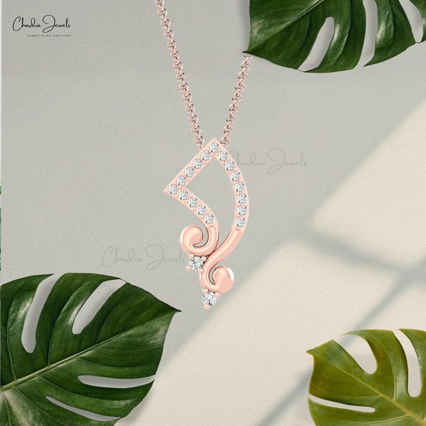 Musical Note Inspired Natural White Diamond 14k Solid Gold Handmade Pendant