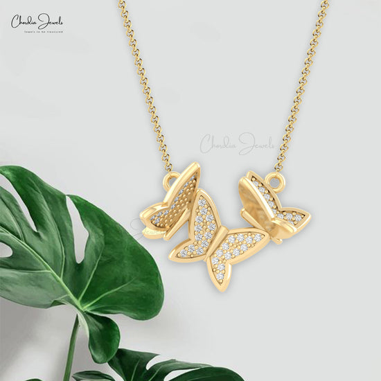 Natural White Diamond Butterfly Necklace 1mm Round Cut Diamond Handmade Necklace 14k Real Gold Dainty Necklace Jewelry For Women