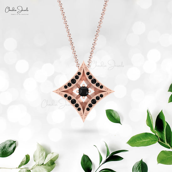 Halo Black Diamond Pendant In 14k Solid Gold Star Shape Minimalist Women Necklaces