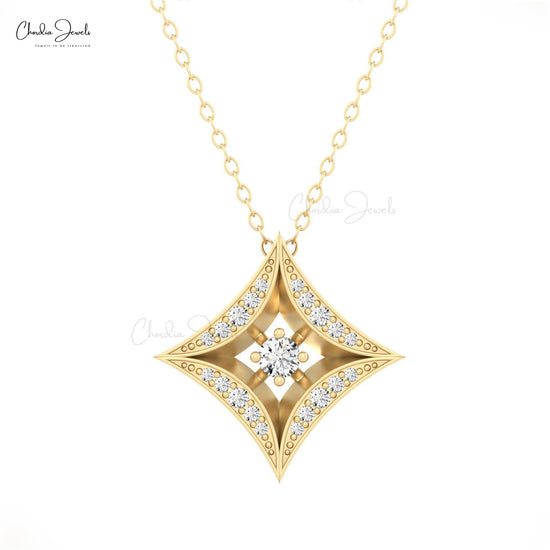 Real 14k Gold Star Pendant With 0.274 Ct White Diamond Halo Wedding Necklace