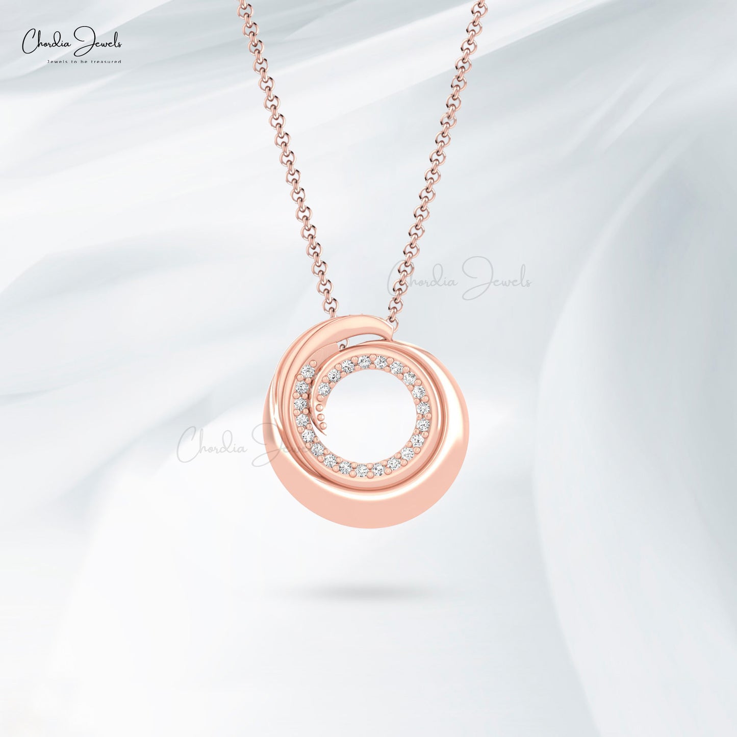 Hidden Bail Swirl Real 14k Gold With 0.12CT White Diamond Circle Pendant For Her