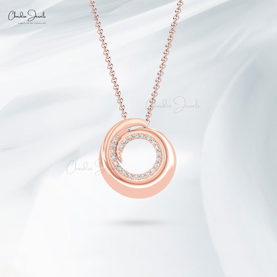 Hidden Bail Swirl Real 14k Gold With 0.12CT White Diamond Circle Pendant For Her