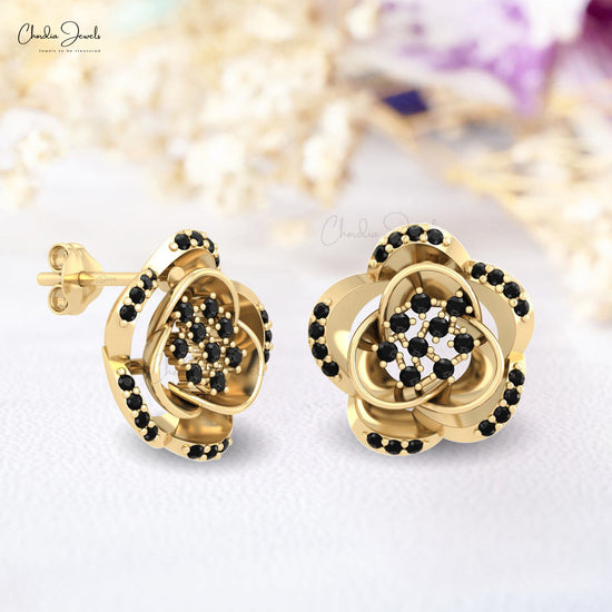 Floral 0.33Ct Black Diamond Push Back Studs Earring In Solid 14k Gold Fine Jewelry