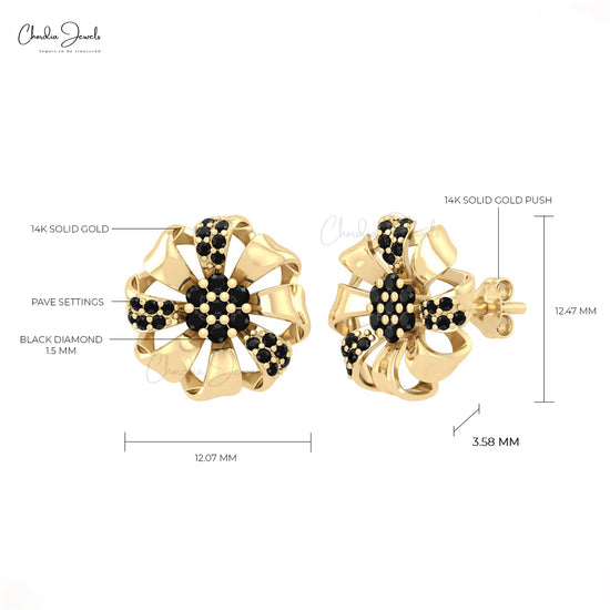 Natural 1.5mm Round Black Diamond Floral Wedding Stud Earrings in 14k Solid Gold