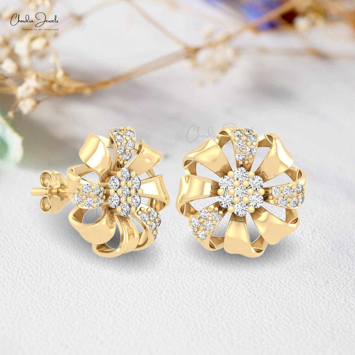 Cluster 0.39 Ct Round Diamond 14k Solid Gold Push Back Floral Studs For Anniversary