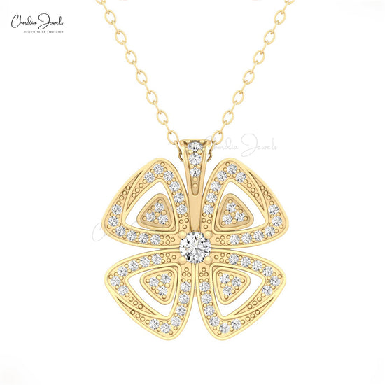 Floral Style Dainty Pendant In 14k Real Gold White Diamond 1.5mm Round Cut Women Necklace