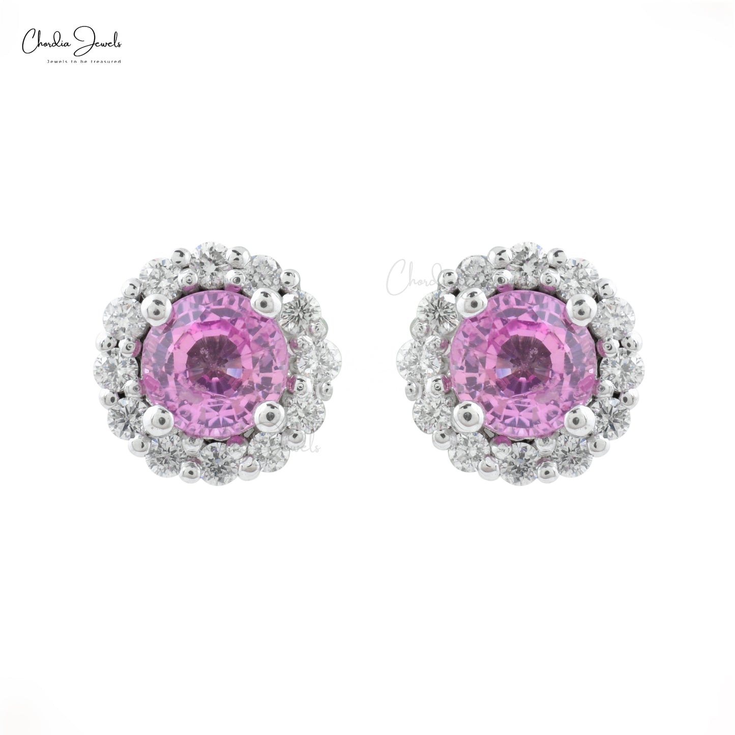 Authentic Pink Sapphire Diamond Studs Earrings 5mm Round Cut Gemstone 14k Solid White Gold Halo Studs Earrings Prong Set Hallmarked Jewelry