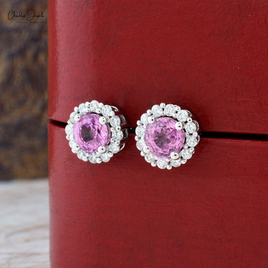 Authentic Pink Sapphire Diamond Studs Earrings 5mm Round Cut Gemstone 14k Solid White Gold Halo Studs Earrings Prong Set Hallmarked Jewelry