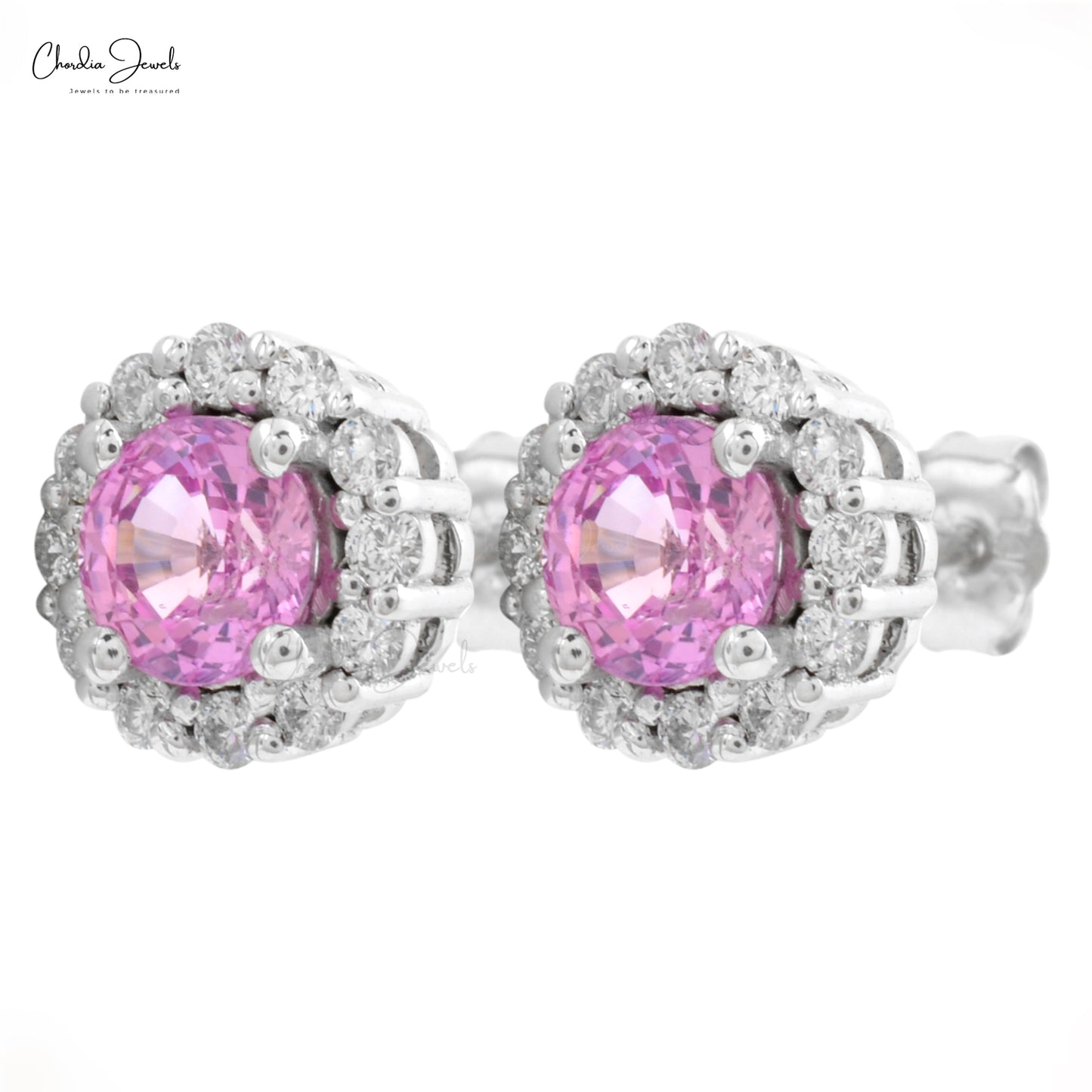 Authentic Pink Sapphire Diamond Studs Earrings 5mm Round Cut Gemstone 14k Solid White Gold Halo Studs Earrings Prong Set Hallmarked Jewelry