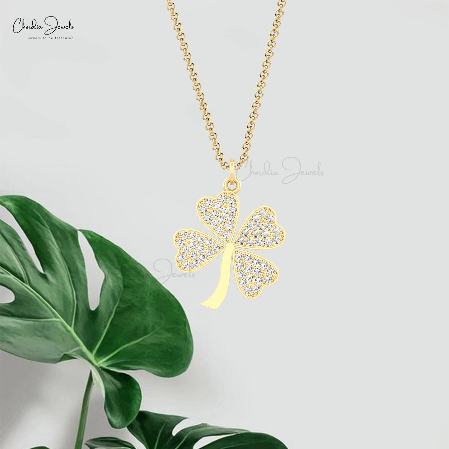 Clover 14k Solid Gold With 0.90CTW White Diamond Cluster Floral Pendant