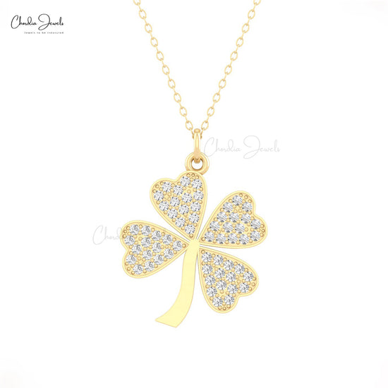 Four Leaf Clover Pendant With 1.5mm Diamond Pave Set In 14k Real Gold Bridal Necklaces