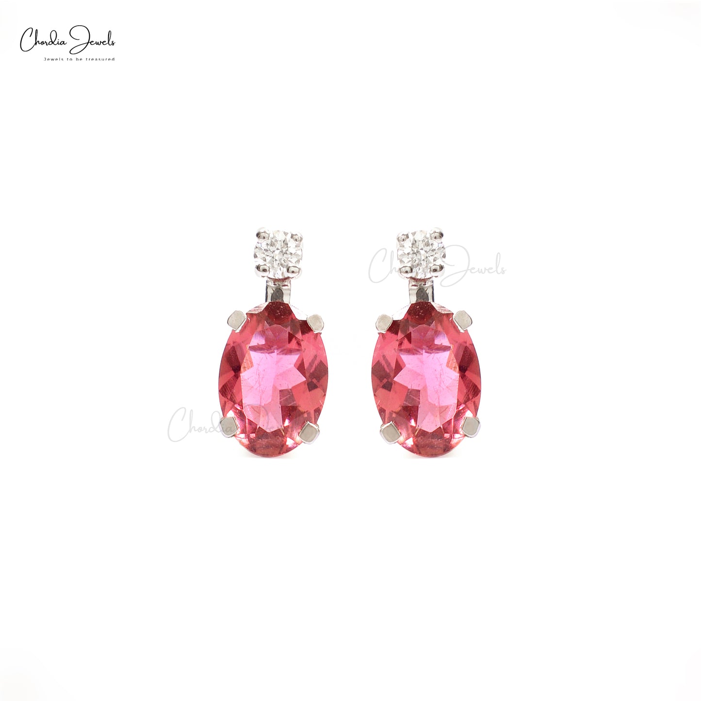 Natural Pink Tourmaline & Diamond Two Stone Studs In 14k White Gold