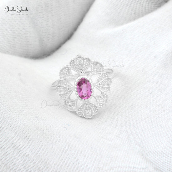 Top Quality Pink Tourmaline 6x4mm Gemstone And Zircon 925 Silver Art Deco Ring