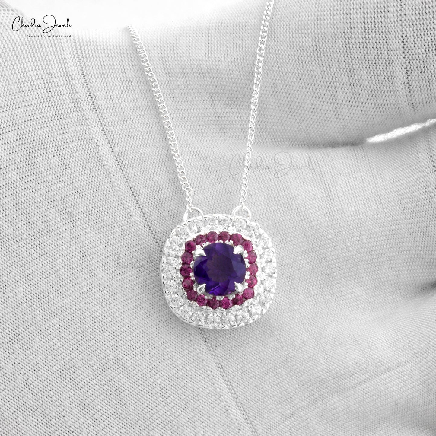 High Quality Amethyst And Rhodolite Garnet Halo Zircon Necklace in 925 Sterling SIlver