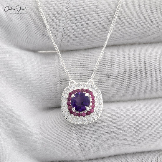 High Quality Amethyst And Rhodolite Garnet Halo Zircon Necklace in 925 Sterling SIlver