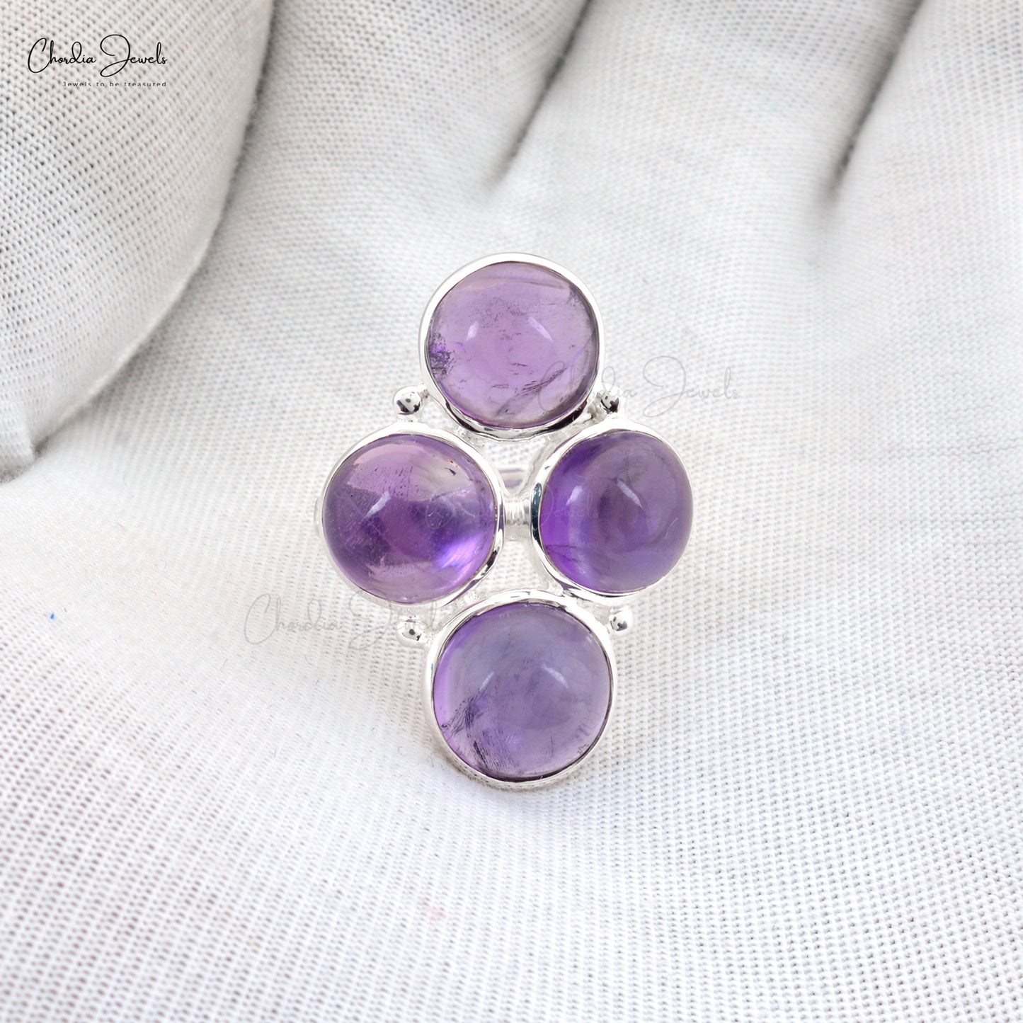 Round Cabochon Amethyst 925 Sterling Silver 4 Stone Proposal Ring