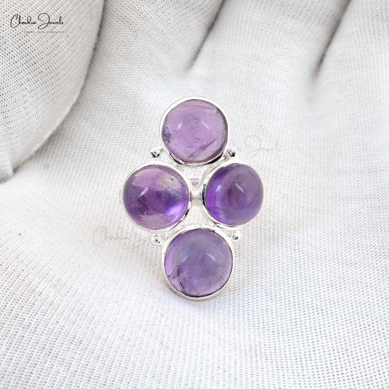 Round Cabochon Amethyst 925 Sterling Silver 4 Stone Proposal Ring