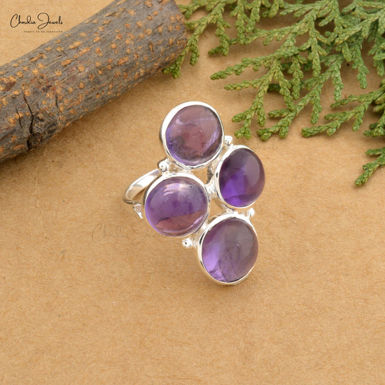 Round Cabochon Amethyst 925 Sterling Silver 4 Stone Proposal Ring