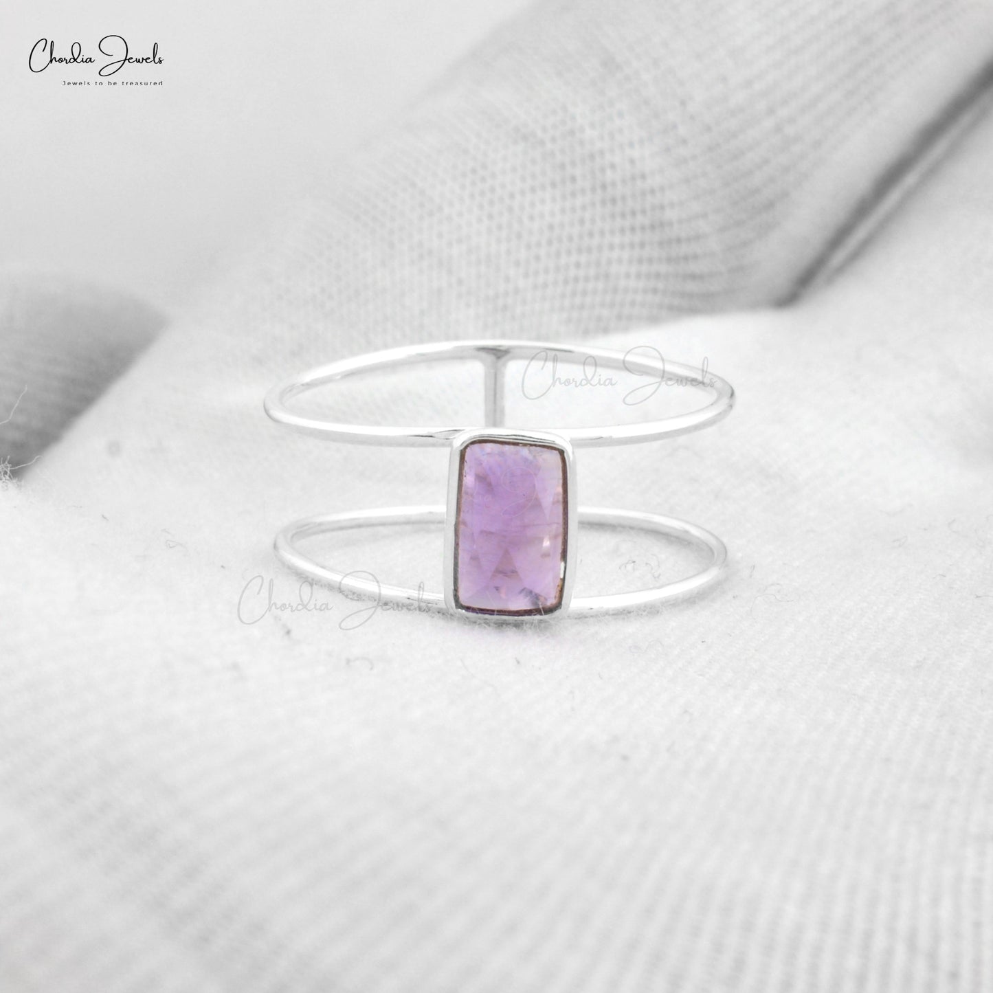 Top Quality Amethyst 8x6mm Rectangle Faceted Flat Back Women Ring In 925 Sterling Silver