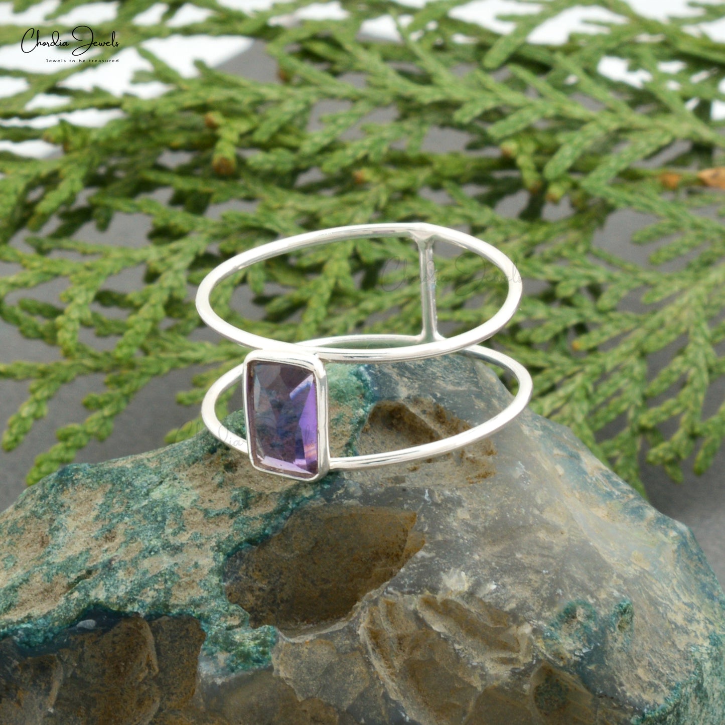 Top Quality Amethyst 8x6mm Rectangle Faceted Flat Back Women Ring In 925 Sterling Silver