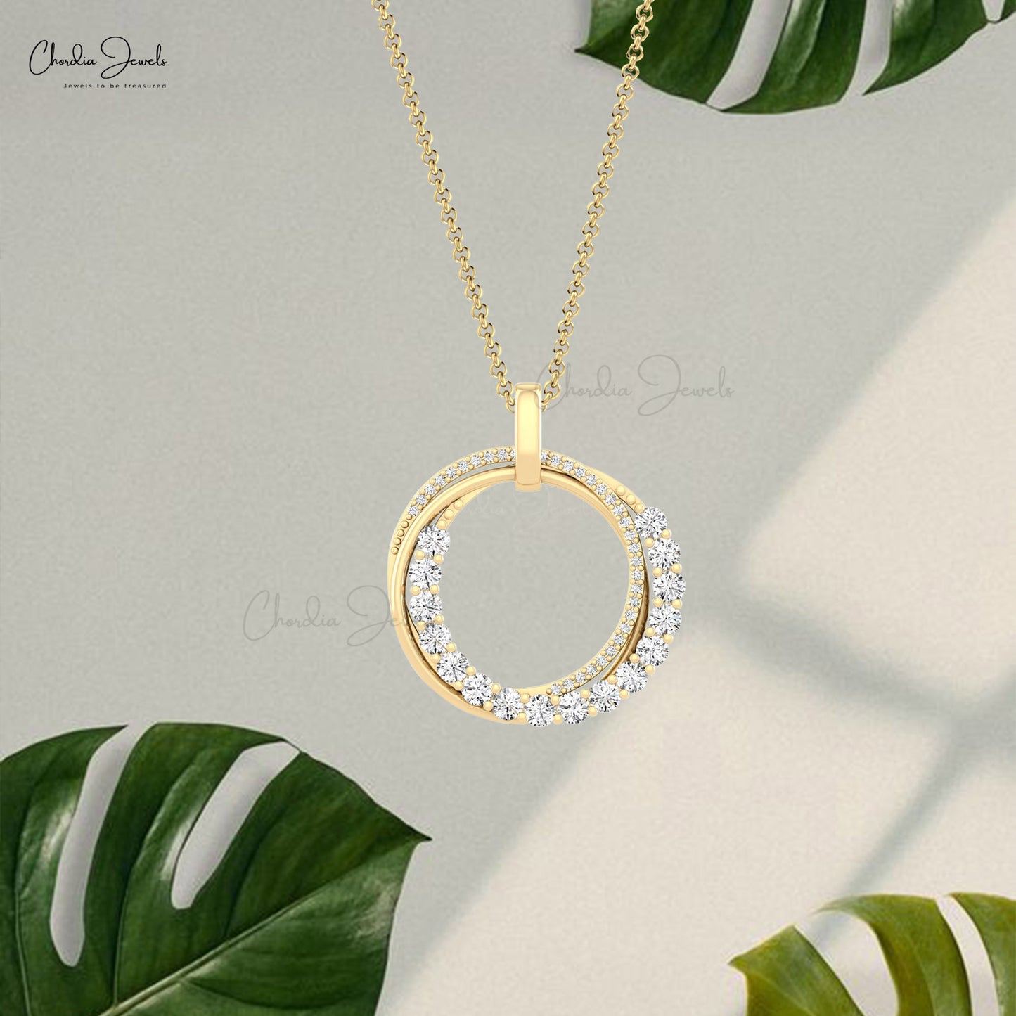 Open Circle Overlapping Pendant With 1.15 Ct White Diamond 14k Solid Gold Unique Necklace