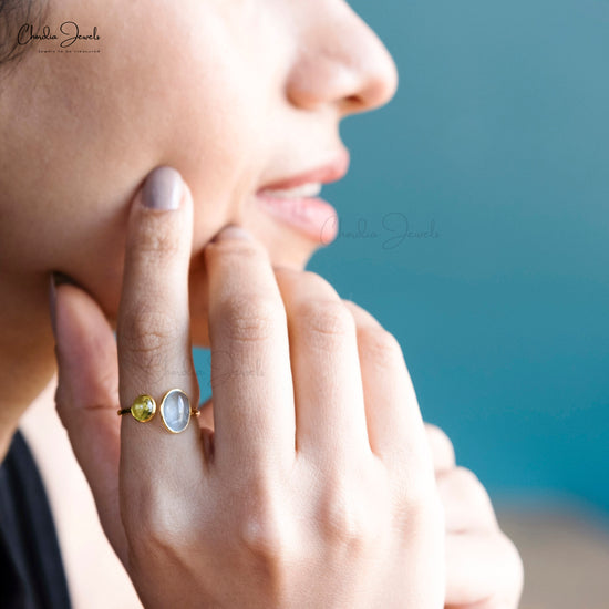 Split Shank Ring in 14k Yellow Gold With Genuine Aquamarine & Peridot 2 Stone Ring