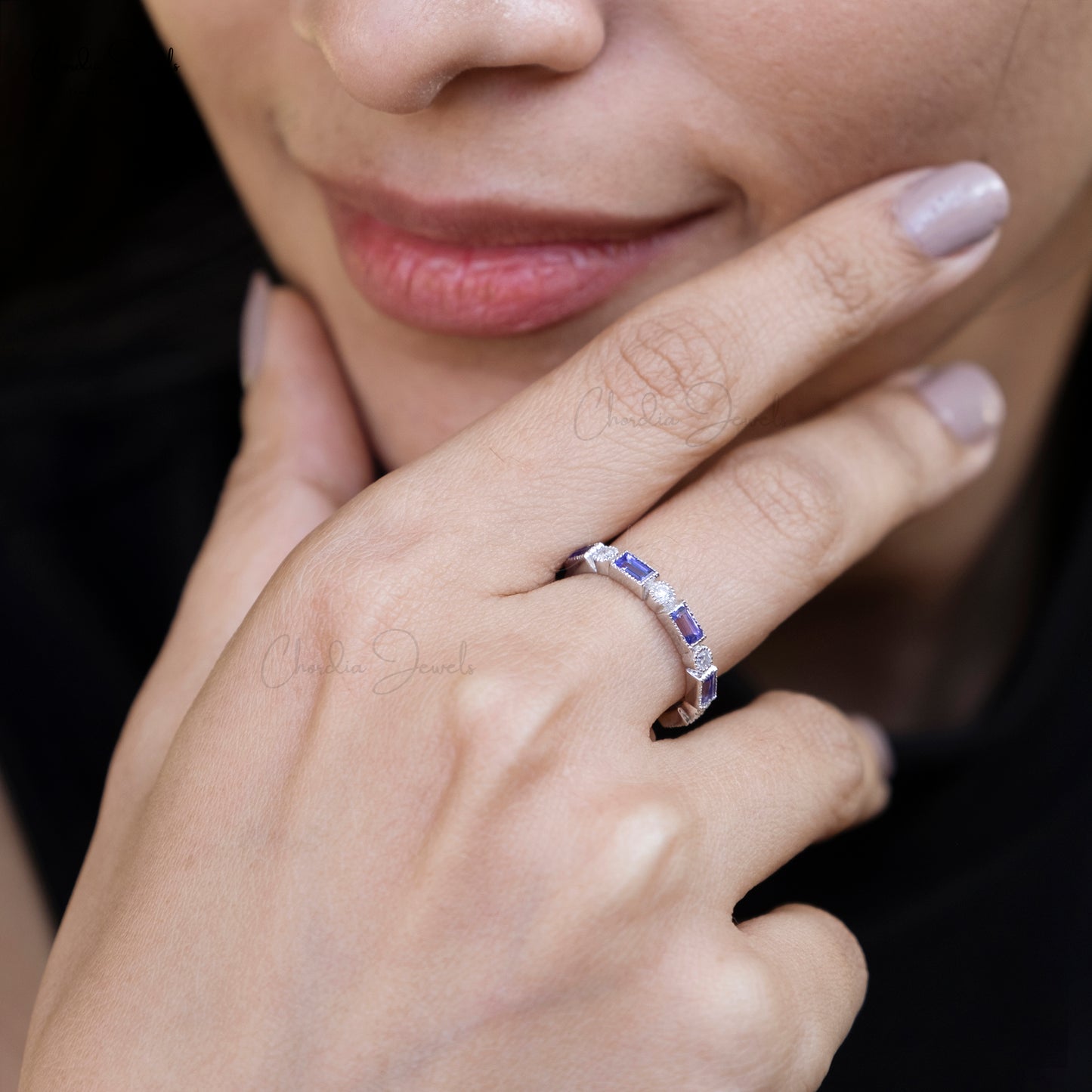 4x2mm Baguette Tanzanite with Diamond Half Eternity Band in 14k White Gold