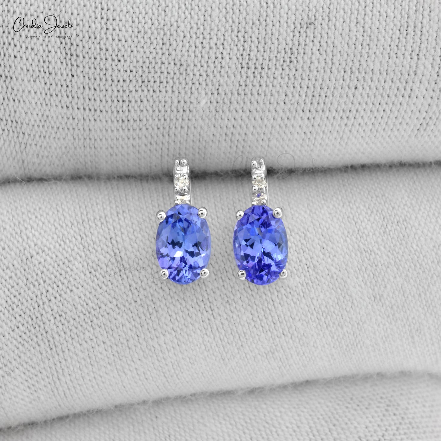 Two Stone Wedding Earrings with 6x4mm Tanzanite And Diamond 14k White Gold Studs