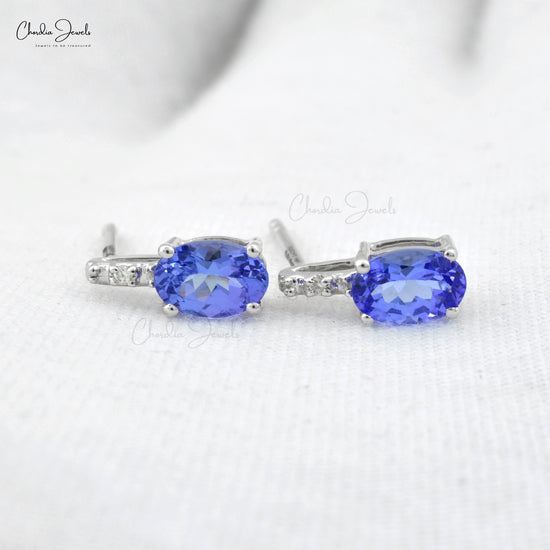 Two Stone Wedding Earrings with 6x4mm Tanzanite And Diamond 14k White Gold Studs