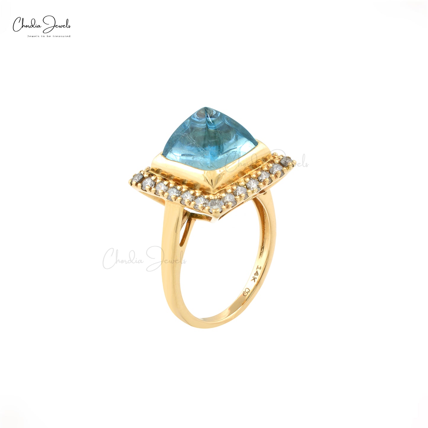 Natural Aquamarine Sugarloaf Halo Ring With 14k Yellow Gold Diamond Accents Ring Size 7