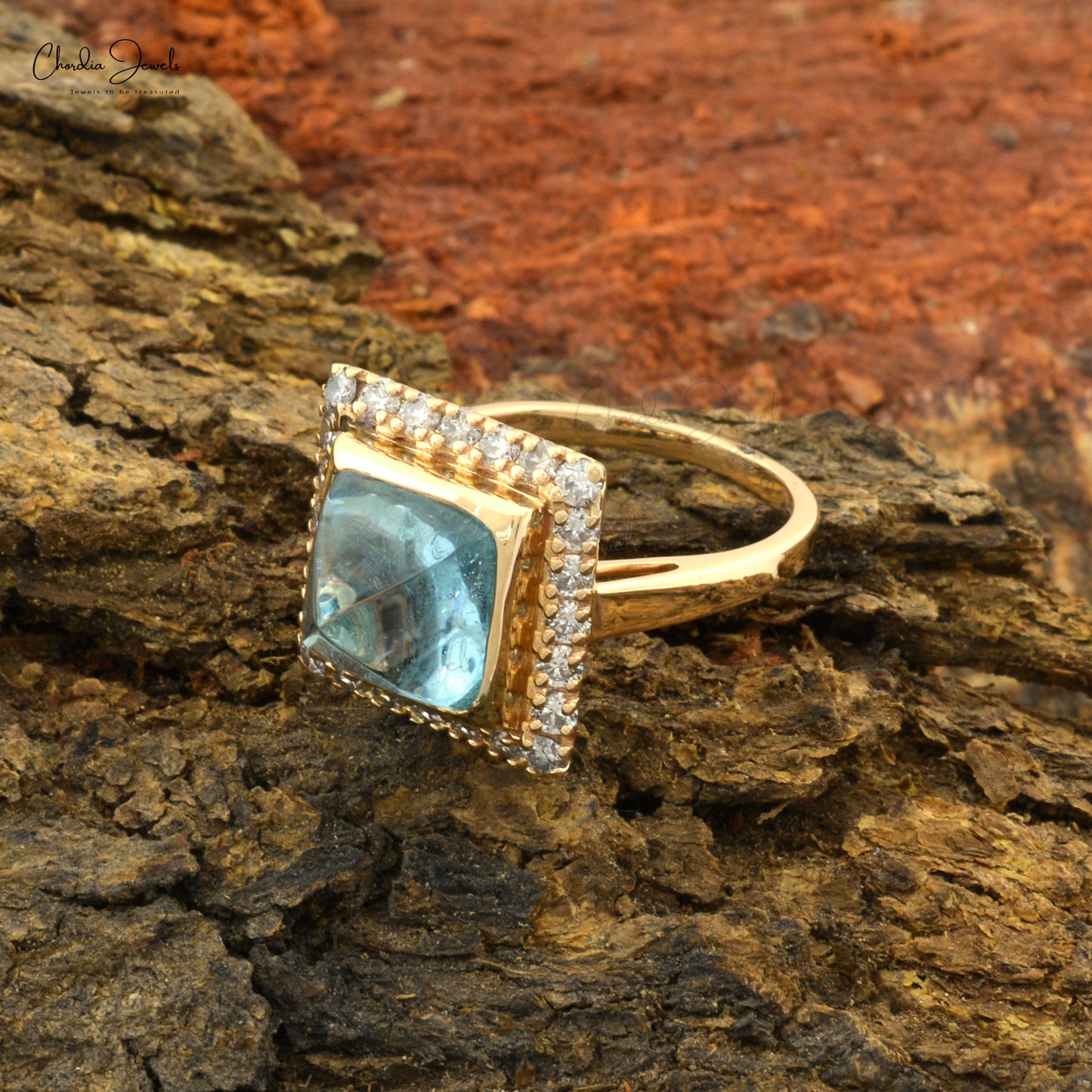 Natural Aquamarine Sugarloaf Halo Ring With 14k Yellow Gold Diamond Accents Ring Size 7