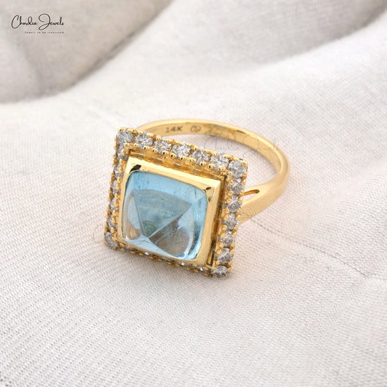 Natural Aquamarine Sugarloaf Halo Ring With 14k Yellow Gold Diamond Accents Ring Size 7