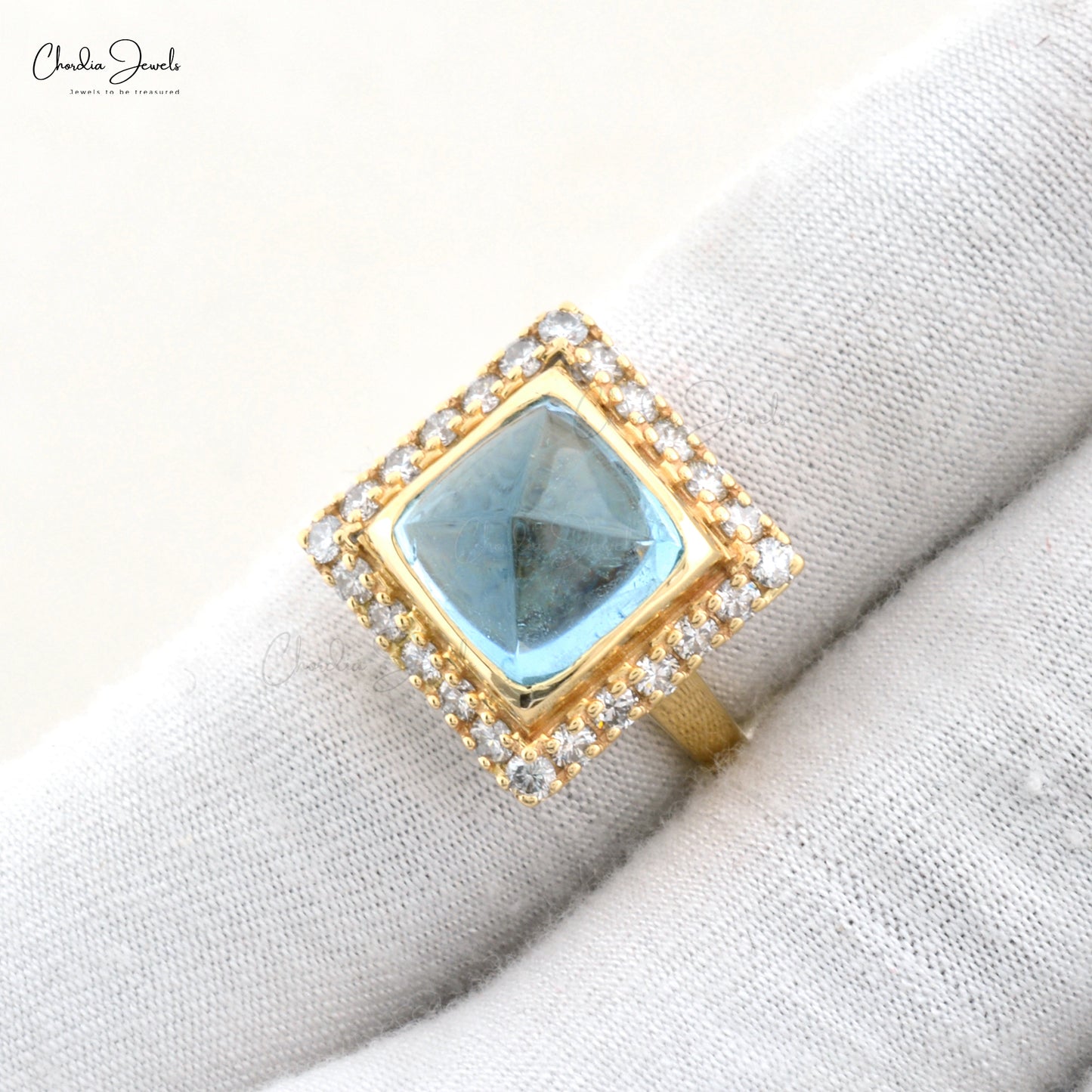 Natural Aquamarine Sugarloaf Halo Ring With 14k Yellow Gold Diamond Accents Ring Size 7