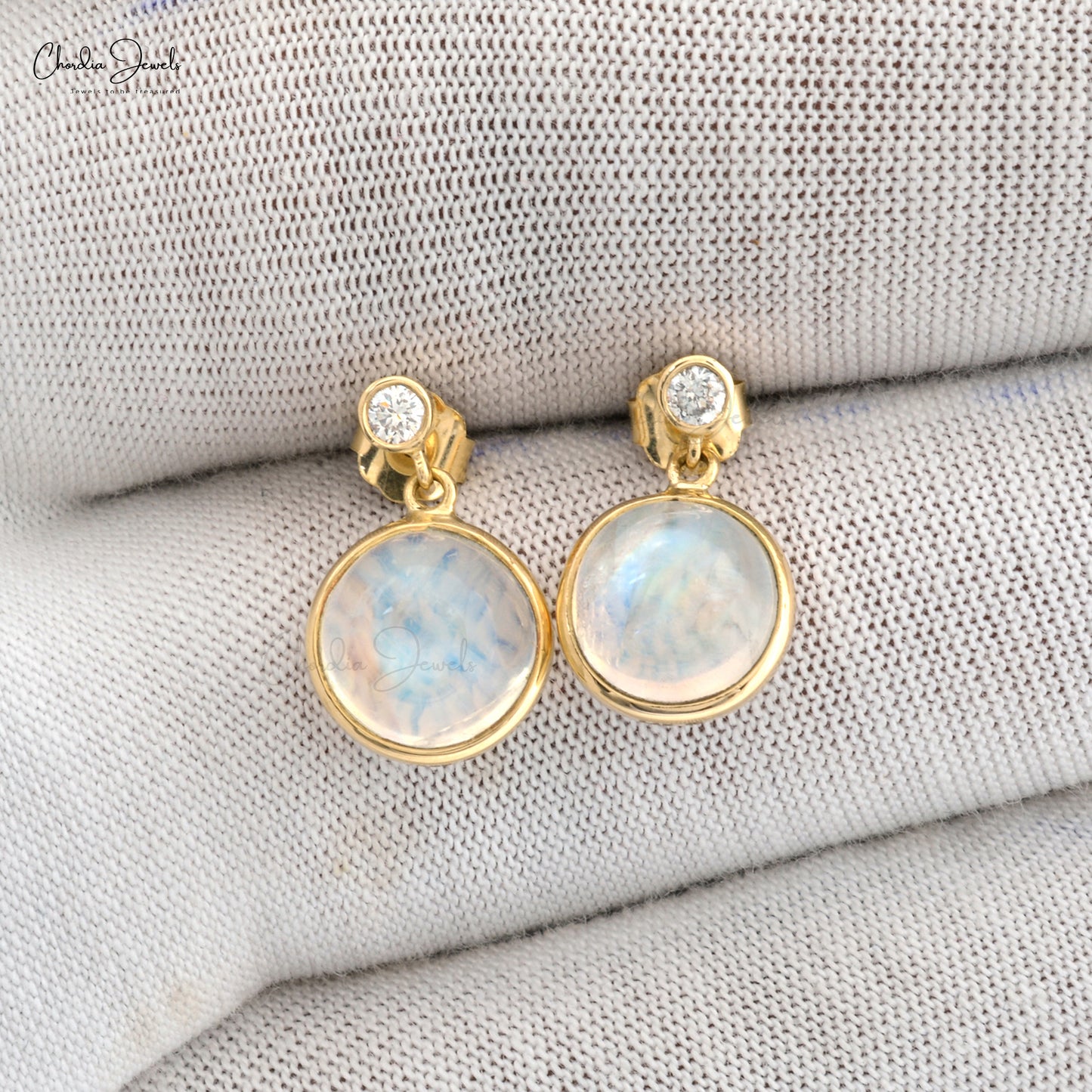 Dangle 14k Yellow Gold Earring in 4.26 Ct Moonstone And Diamond 2 Stone Earrings