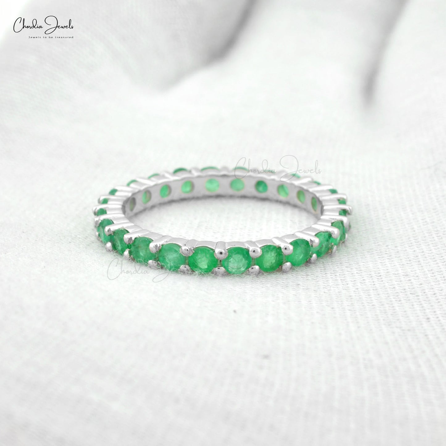 14k White Gold Stackable Band 1.26Ct Zambian Emerald Gemstone Eternity Rings For Her