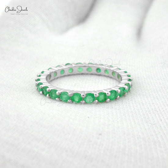 Brilliant Cut Dainty Band With 2.5mm Emerald Gemstone Eternity Ring In 14k White Gold