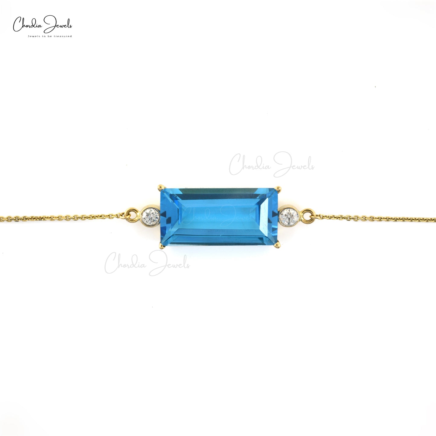 Three Stone Chain Bracelet in 14k Yellow Gold Swiss Blue Topaz Diamond Jewelry