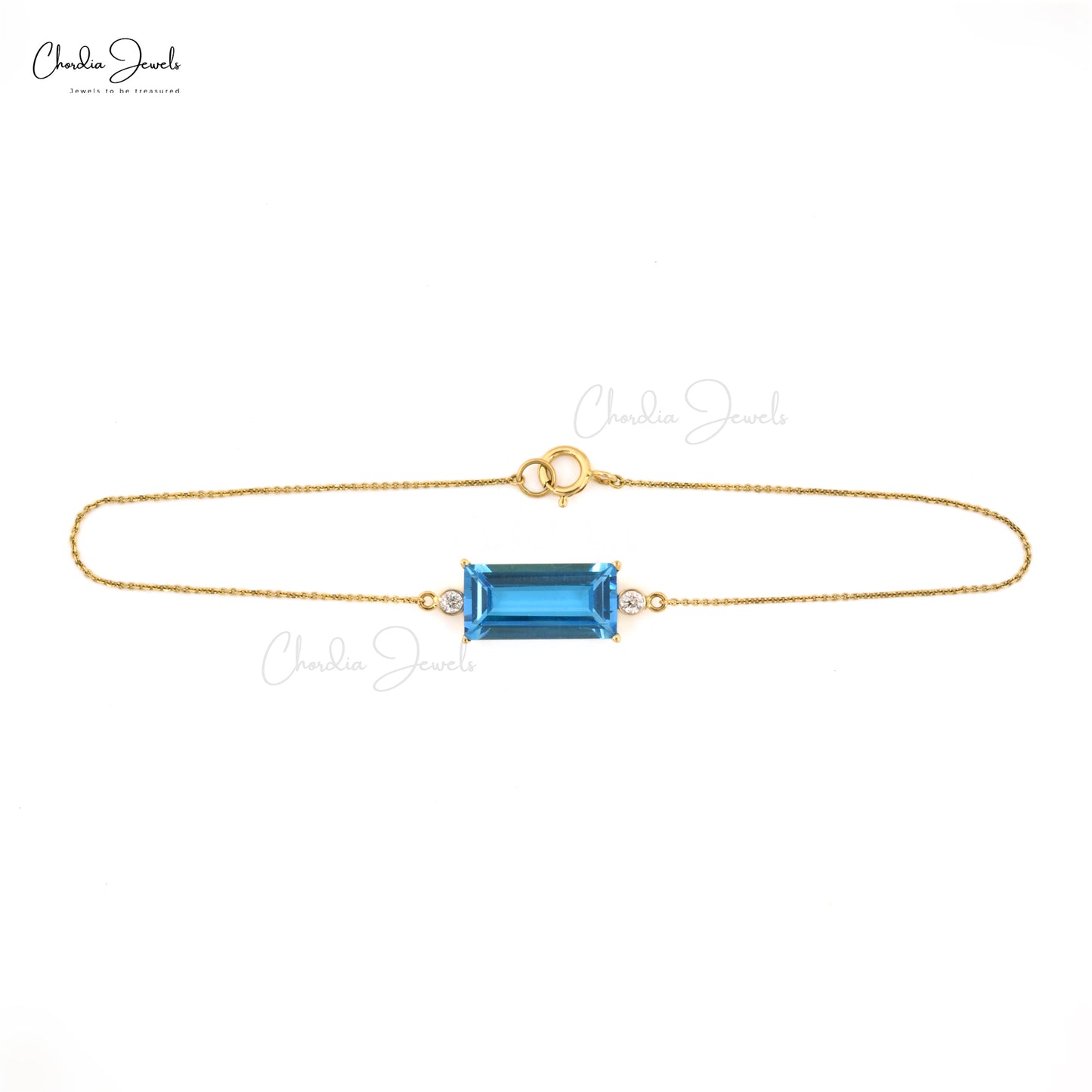 Three Stone Chain Bracelet in 14k Yellow Gold Swiss Blue Topaz Diamond Jewelry