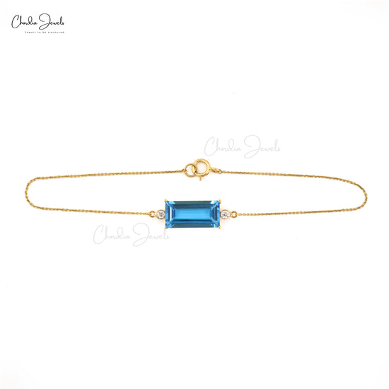 Three Stone Chain Bracelet in 14k Yellow Gold Swiss Blue Topaz Diamond Jewelry