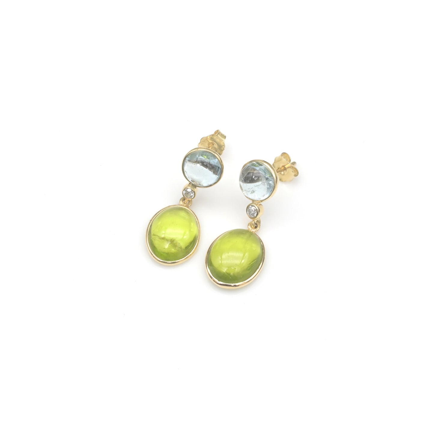 Triple Stone Dangle Earrings In 14k Yellow Gold Peridot Aquamarine And Diamond Earrings