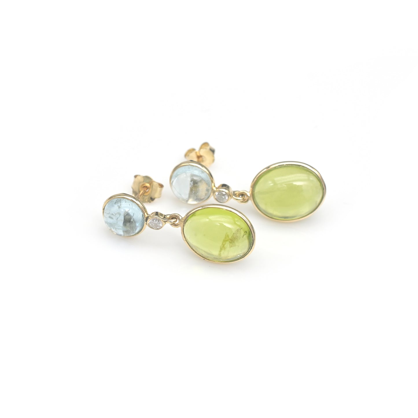 Triple Stone Dangle Earrings In 14k Yellow Gold Peridot Aquamarine And Diamond Earrings