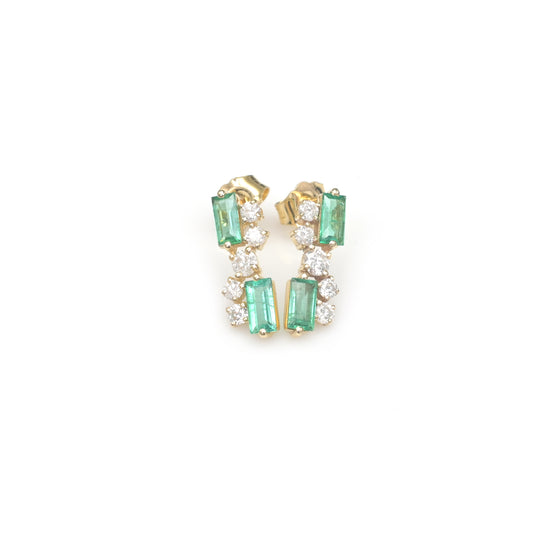 Baguette Cluster Studs In 14k Solid Yellow Gold Emerald And Diamond Dainty Earrings