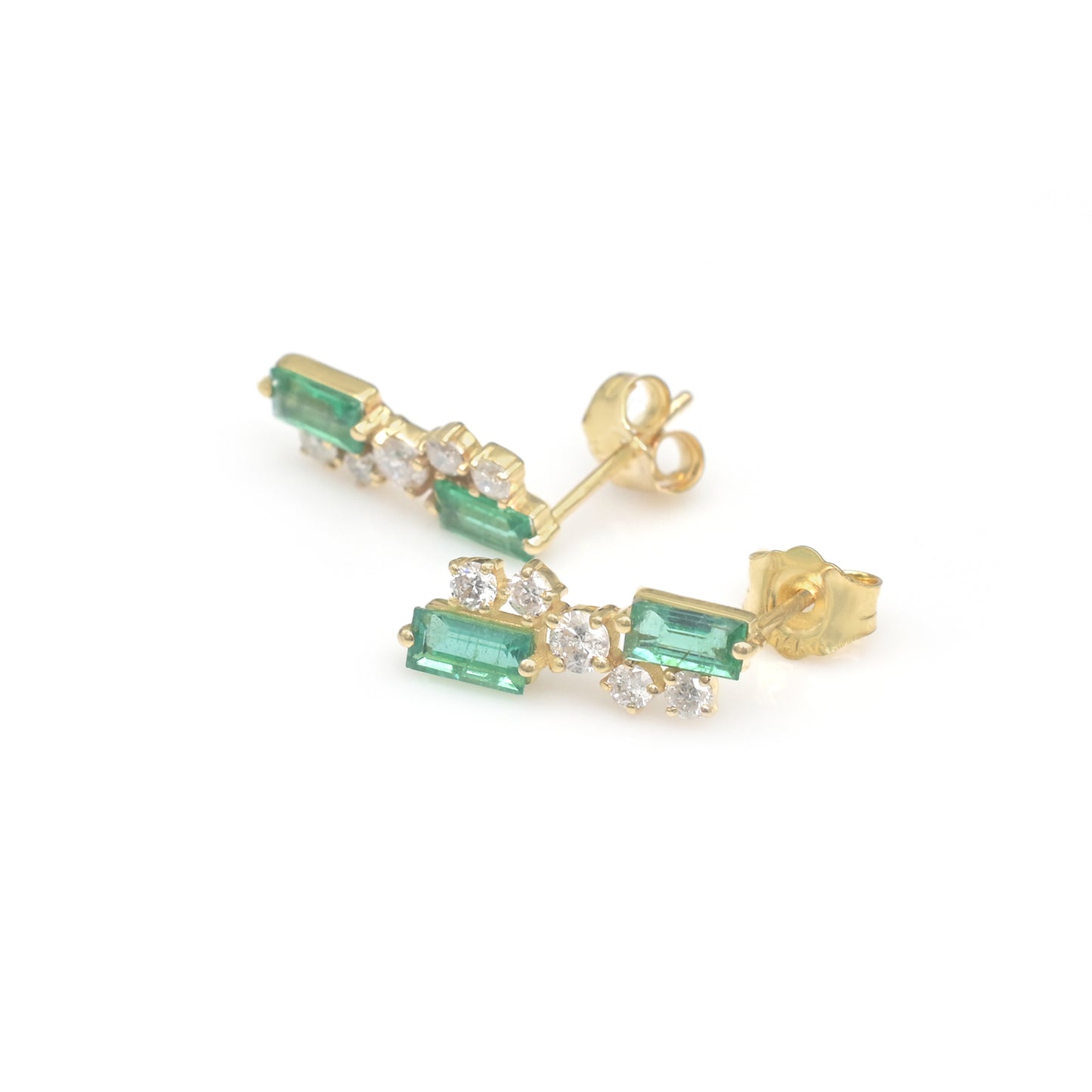 Baguette Cluster Studs In 14k Solid Yellow Gold Emerald And Diamond Dainty Earrings