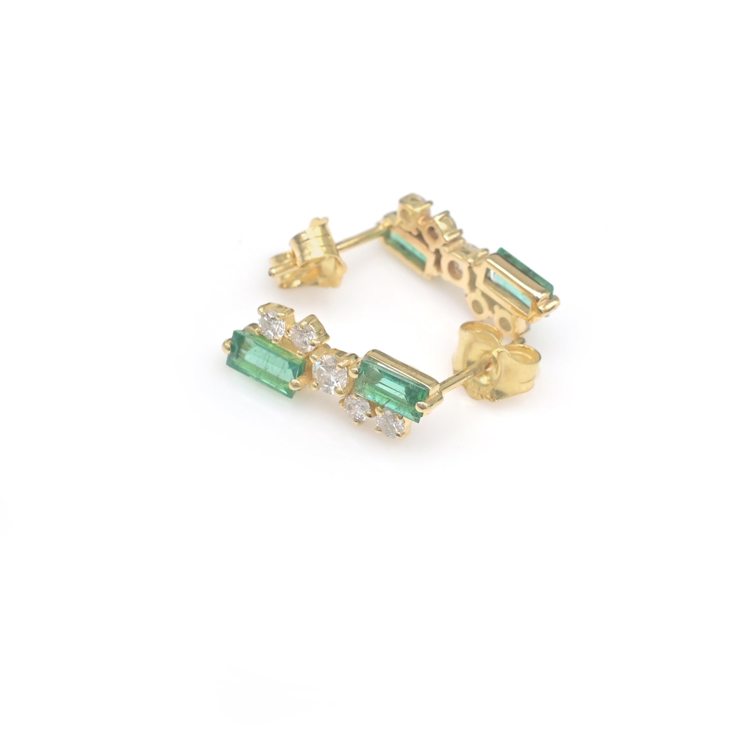 Baguette Cluster Studs In 14k Solid Yellow Gold Emerald And Diamond Dainty Earrings