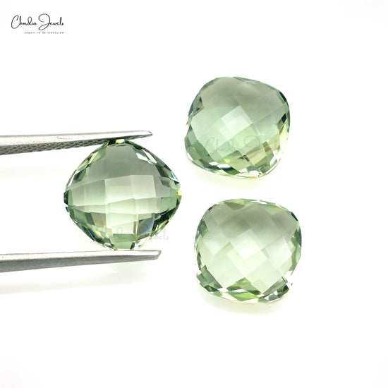 Natural Green Amethyst 10mm Cushion Briolette Loose Gemstone Lot For Jewelry, 3 Piece