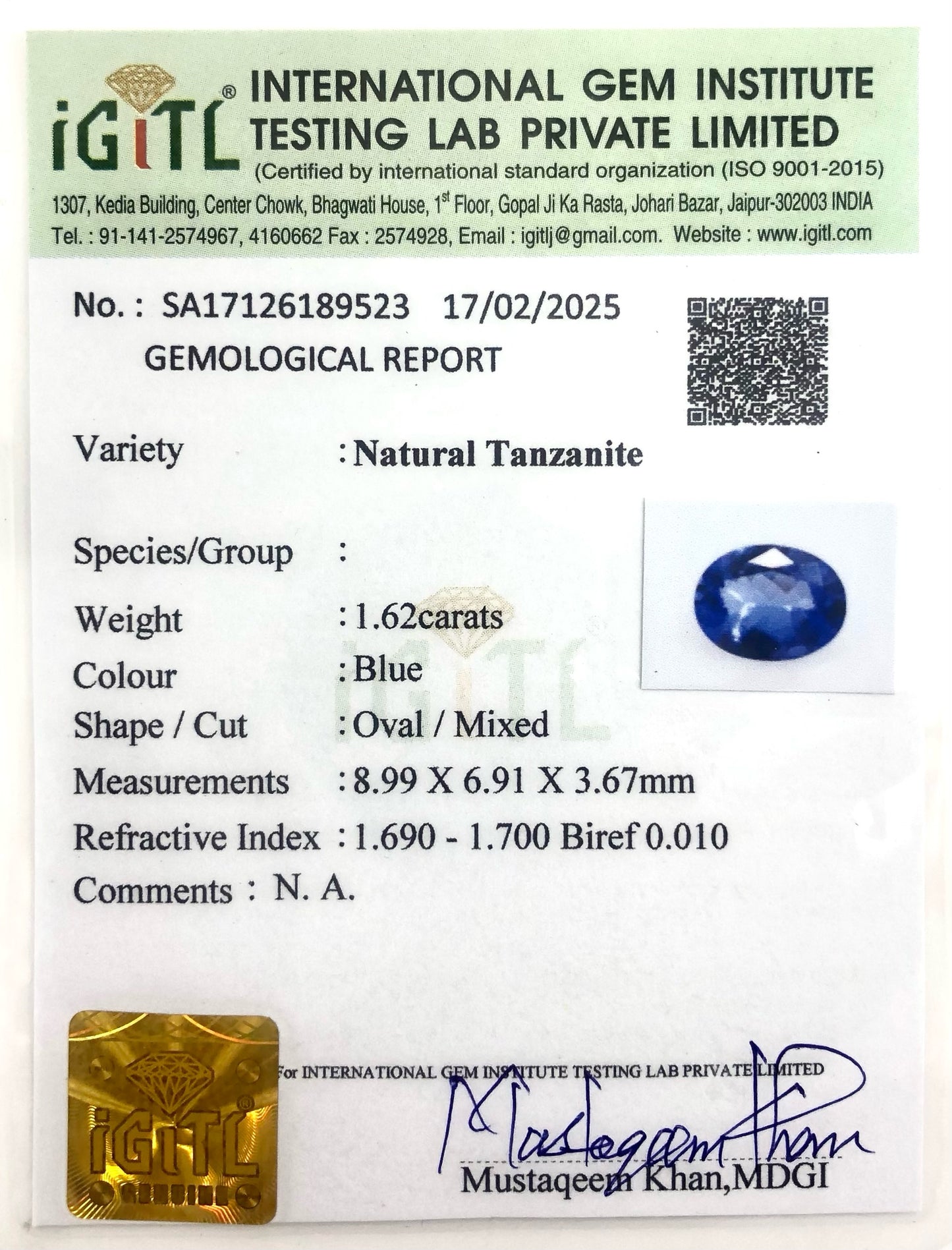 AAA Quality Loose Stone 1.62 Ct Blue Tanzanite Oval Cut Gemstone for Jewelry, 1 Piece