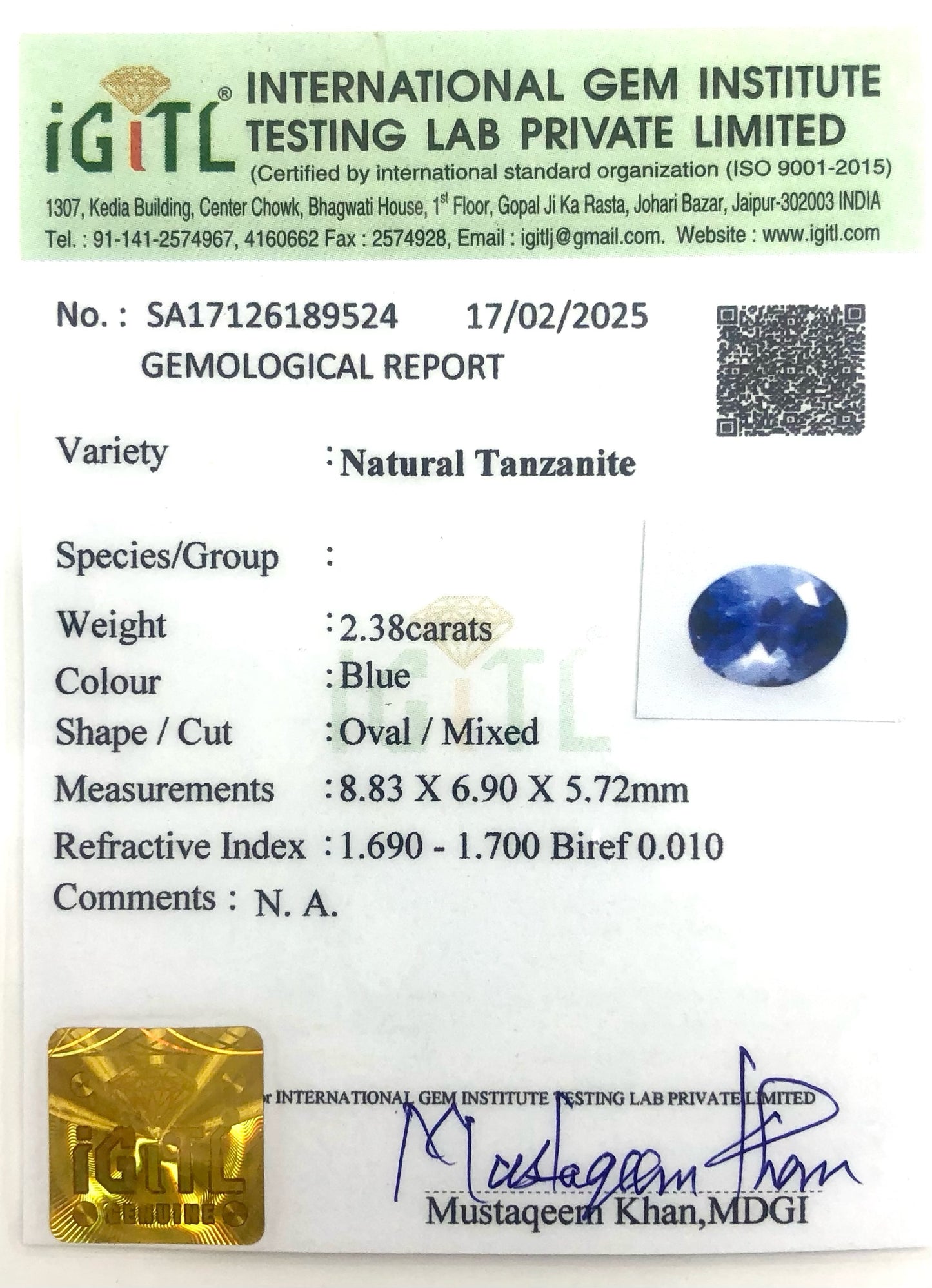 Natural Certified Tanzanite Loose Gemstone 8.83 x 6.90mm Oval Cut for Jewelry, 1 Piece