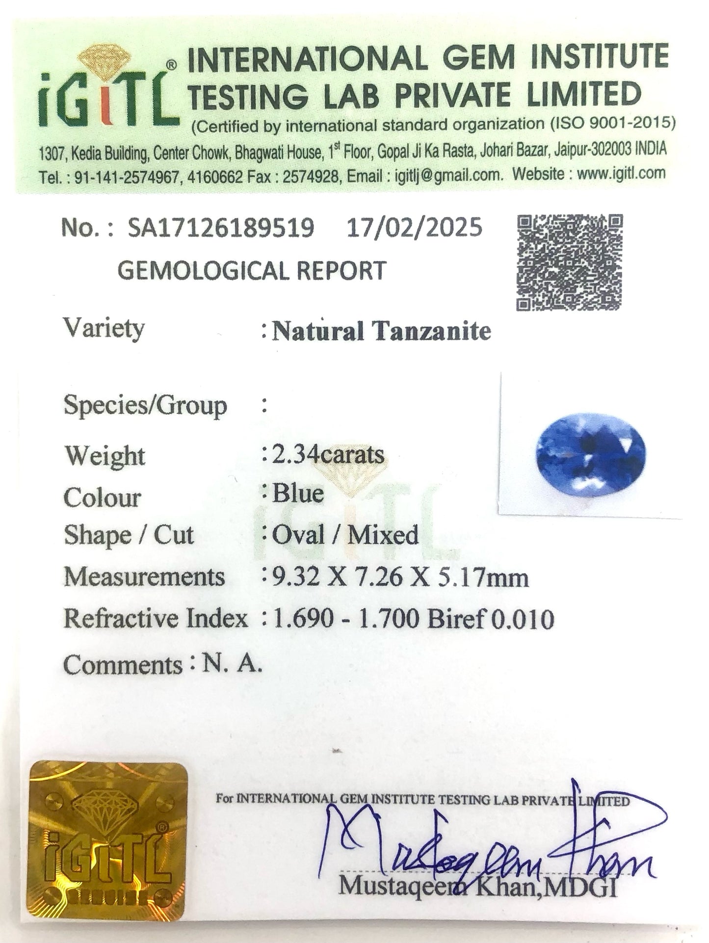 Certified Oval Tanzanite 2.34 Ct Loose December Birthstone For Jewelry Making, 1 Piece