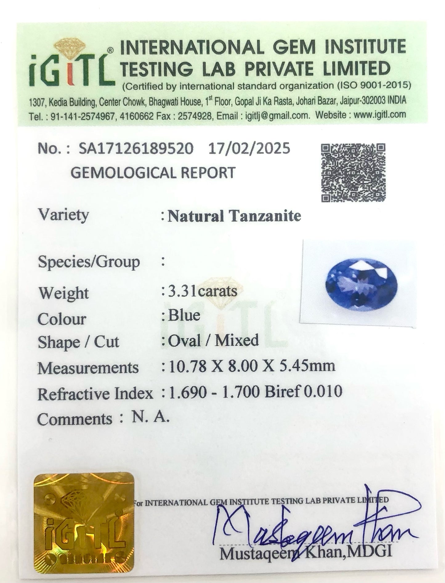 Certified Oval Tanzanite 10.78mm x 8mm Semi Loose Gemstone For Sale, 1 Piece