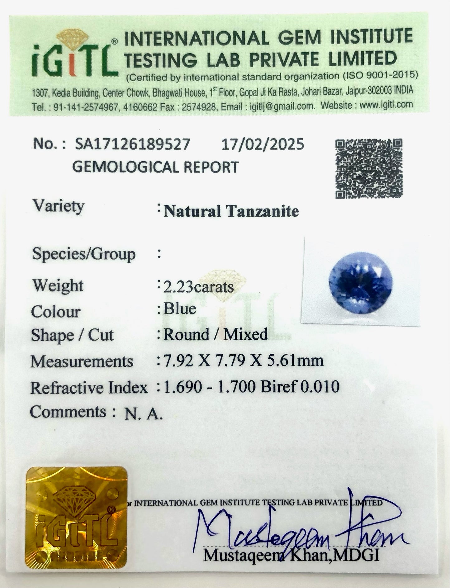 Natural Round Cut 2.23 Carat Blue Tanzanite Loose Gemstone For Jewelry, 1 Piece